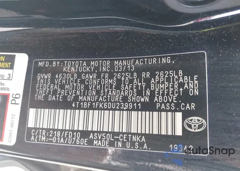 2013 Toyota Camry Le из США, поврежденный, VIN 4T1BF1FK6DU239911